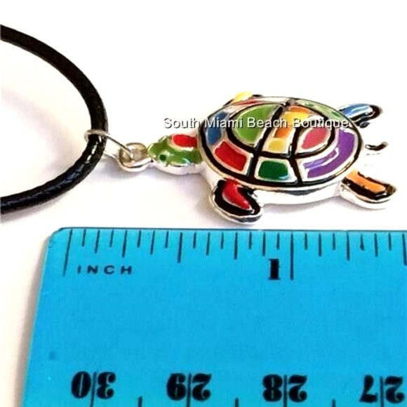 Sea Turtle Necklace Silver Plated Pop Art Multicolor Enamel Nautical Island 18" - Picture 10 of 11